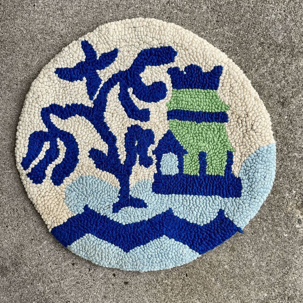 VTG Hand-Made Folk Art Punch Needle Rug Coastal Scene - 13"